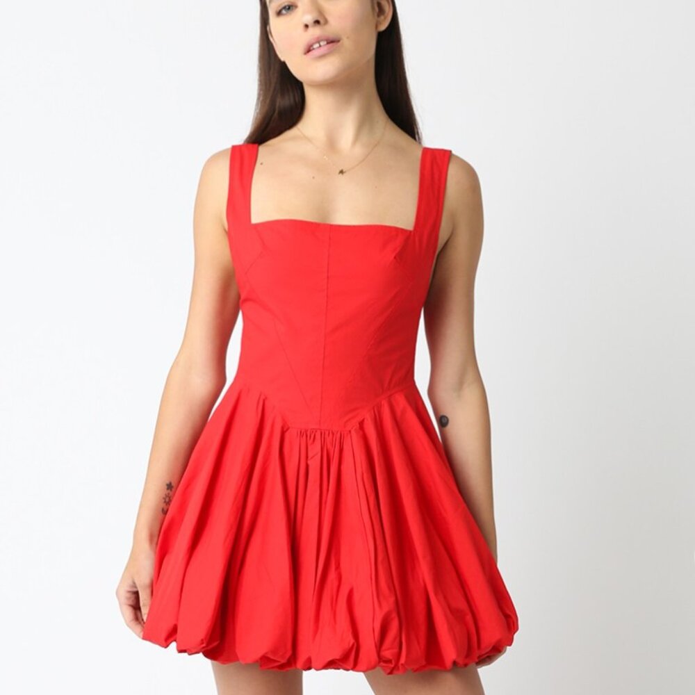 Solid Cotton Red Puff Skirted Mini Dress Retro Rockabilly NEW NWT